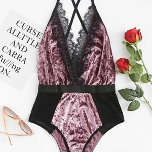 NWOT Lace Trim Mesh Panel Velvet Teddy Bodysuit